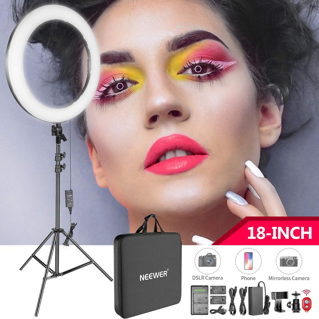 Neewer 18-inch LED Ring Light Kit for Makeup Youtube Video Blogger Salon - Adjustable Color Temperature with Battery or DC Power Option, Battery, USB Charger, AC Adapter, Phone Clamp, Stand Included