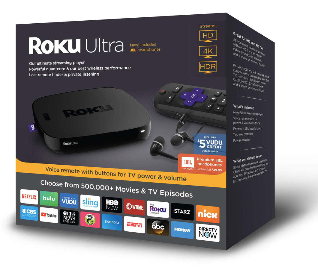 Roku Ultra | (2018) 4K/HDR/HD Streaming Player with Premium JBL Headphones, Voice Remote, Remote Finder, Ethernet and USB