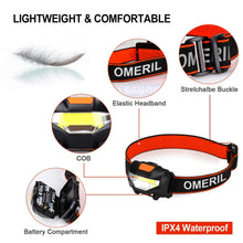 OMERIL LED Head Torch, Lightweight COB Headlamp with 3 Modes, IPX4 Waterproof, Super Bright 150 Lumens LED Headlight for Kids&Adults, Running, Fishing, Camping, Hiking, DIY[3*AAA Batteries Included]