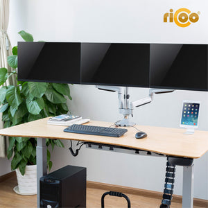 RICOO Gas Spring Monitor Arm Triple Stand Mount Tilt Swivel TS9911 Universal Flexible Gas Powered Bracket LED Curved QLED QE LCD OLED SUHD 13" - 27" Inch VESA 75x75 100x100 Silver