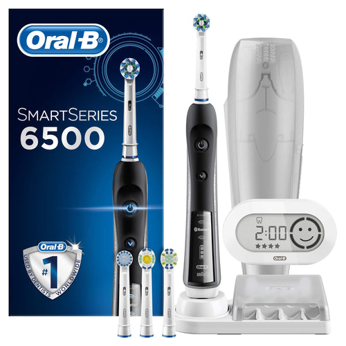 Oral-B SmartSeries 6500 CrossAction Electric Toothbrush, 1 Black App Connected Handle, 5 Cleaning Modes with Whitening and Gum Care, Pressure Sensor, 4 Toothbrush Heads,  Travel Case, UK 2 Pin Plug