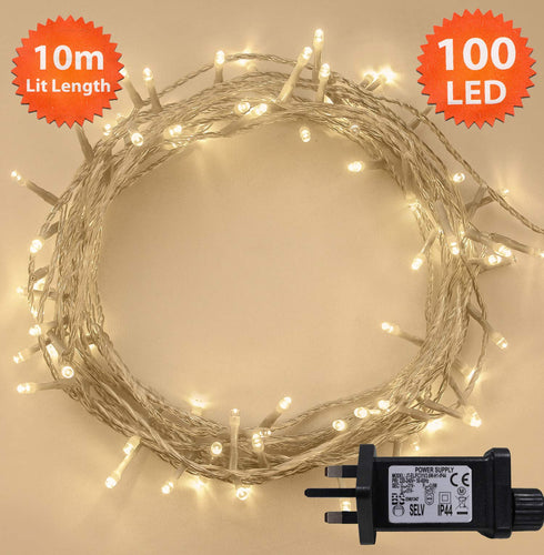 Fairy Lights 100 LED 10m Warm White Indoor/Outdoor Christmas Lights String Tree Lights Festival/Bedroom/Party Decorations Memory Mains Powered 32ft Lit Length 3m/9ft Lead Wire CLEAR CABLE