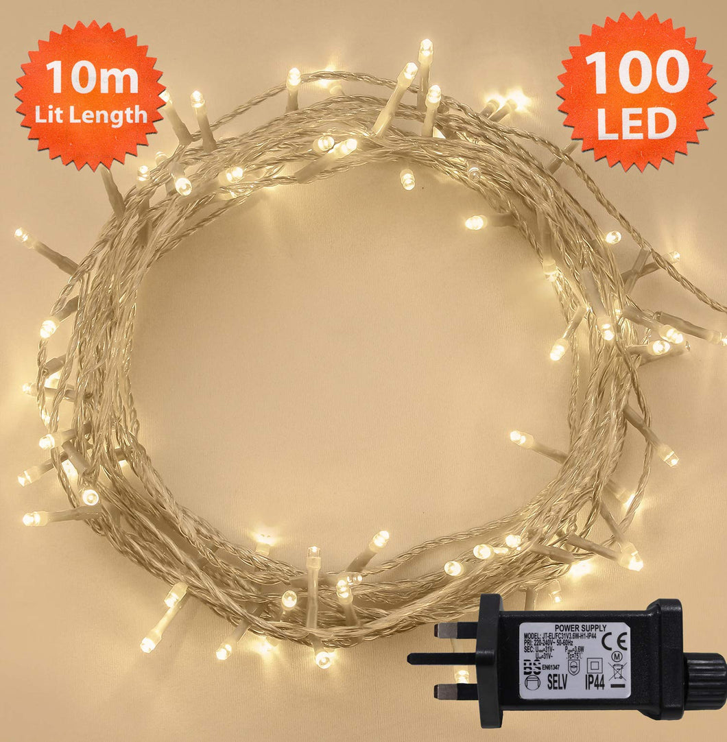 Fairy Lights 100 LED 10m Warm White Indoor/Outdoor Christmas Lights String Tree Lights Festival/Bedroom/Party Decorations Memory Mains Powered 32ft Lit Length 3m/9ft Lead Wire CLEAR CABLE