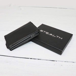 STEALTH Wallet - Minimalist RFID Blocking Pop-Up Credit Card and Cash Holder with Gift Box - Slim and Lightweight Ejector Wallets with Contactless Card Protection (Silver Aluminum with Black Leather)