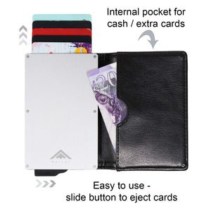 STEALTH Wallet - Minimalist RFID Blocking Pop-Up Credit Card and Cash Holder with Gift Box - Slim and Lightweight Ejector Wallets with Contactless Card Protection (Silver Aluminum with Black Leather)