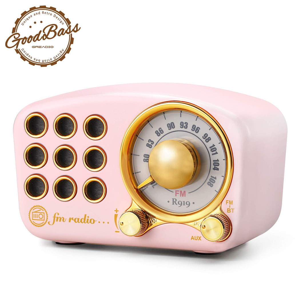 Retro Radio Bluetooth Speaker, Vintage Radio- Greadio FM Radio With Old fashioned Classic Style, Strong Bass Enhancement, Loud Volume, Bluetooth 4.2 Wireless Connection, TF Card and MP3 Player Pink