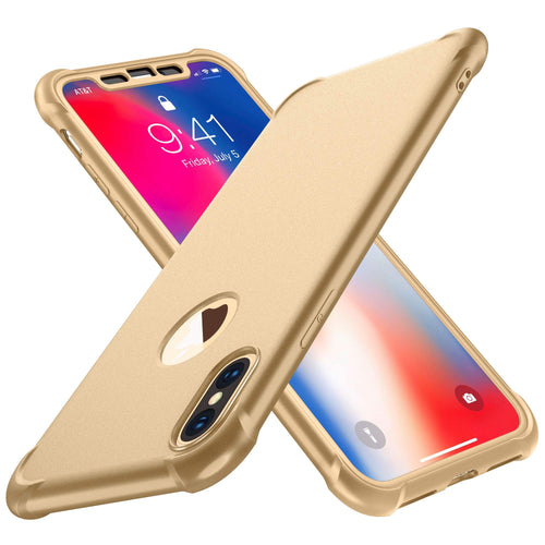 iPhone X Case,iPhone Xs Case with [2 x Tempered Glass Screen Protector] ORETech 360° Full Body Shockproof Case Ultra-Thin Hard PC + Silicone Case Cover for iPhone X/iPhone XS Case 5.8 inch - Gold
