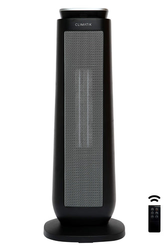 Climatik Oscillating Black Tower Fan Heater - Ceramic PTC - Thermostat, 2 Power Settings, LED Display, Portable Design with Timer & Remote Control - 2000W