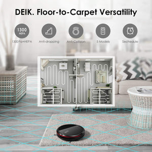 Deik Robot Vacuum Cleaner, Robot Vacuum, 5 Cleaning Modes, All-New Upgraded, Easy Cleaning and Self-Charging, Anti-Fall Good for Pet Hair Carpets Hard Floors
