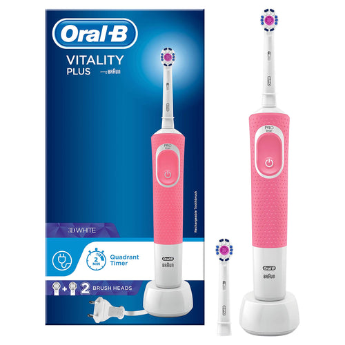 Oral-B Vitality Plus 3D White Electric Rechargeable Toothbrush, Powered by Braun, 1 Handle, 2 Toothbrush Heads (UK 2-Pin Bathroom Plug), Colour May Vary