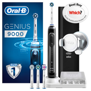 Oral-B Genius 9000 CrossAction Electric Toothbrush, 1 Black App Connected Handle, 6 Modes with Sensitive and Gum Care, Pressure Sensor, 4 Toothbrush Heads, 1 USB Travel Case, 2 Pin UK Plug