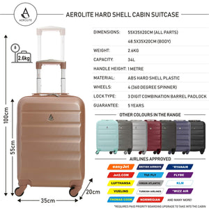 Aerolite Lightweight 55cm Hard Shell 4 Wheel Travel Carry On Hand Cabin Luggage Suitcase, Approved for easyJet British Airways Ryanair, Rose Gold