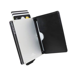 STEALTH Wallet - Minimalist RFID Blocking Pop-Up Credit Card and Cash Holder with Gift Box - Slim and Lightweight Ejector Wallets with Contactless Card Protection (Silver Aluminum with Black Leather)