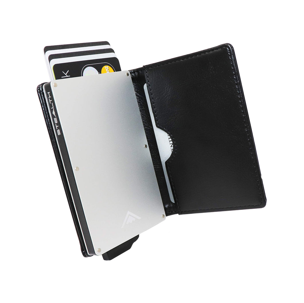 STEALTH Wallet - Minimalist RFID Blocking Pop-Up Credit Card and Cash Holder with Gift Box - Slim and Lightweight Ejector Wallets with Contactless Card Protection (Silver Aluminum with Black Leather)