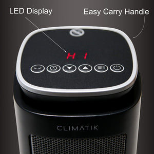 Climatik Oscillating Black Tower Fan Heater - Ceramic PTC - Thermostat, 2 Power Settings, LED Display, Portable Design with Timer & Remote Control - 2000W