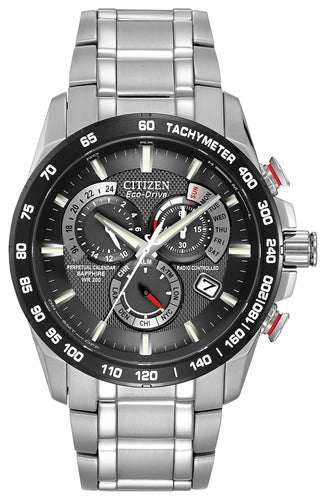 Citizen Men's Eco-Drive Chronograph Watch with Black Dial and Stainless Steel Bracelet AT4008-51E